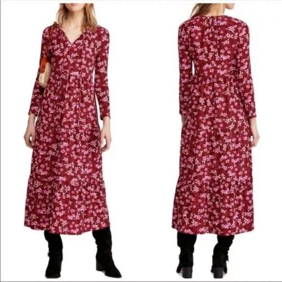 Free People Dress Tiers of Joy Midi Floral Long Sleeve Plum Combo Red Pink L - Picture 9 of 10